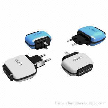 Dual USB Travel Charger with Folding Plug, 2A Output for iPad, Samsung Tab, Smartphone